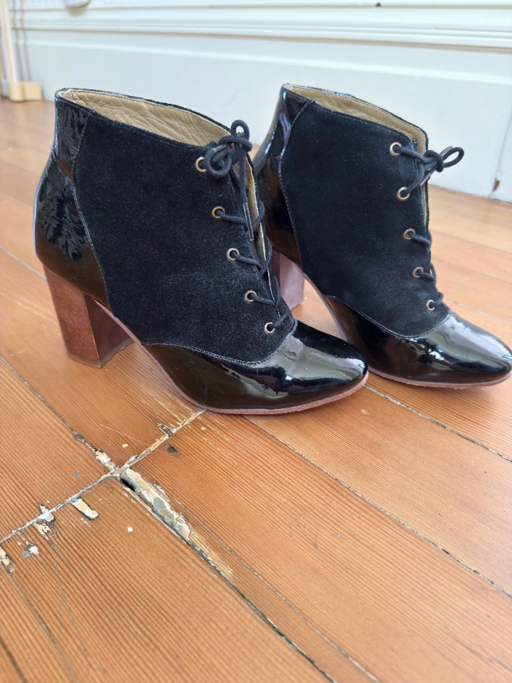 Nina Payne suede and patent leather lace up booties